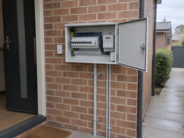 Open exterior switchboard on a brick wall beside a front door in Newcastle